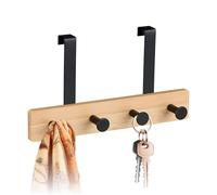 Relaxdays Perchero, 4 Ganchos, Percha Baño para Colgar, para Puertas de 2 cm, Bambú y Metal, Ropa, Negro/Natural, Acero, 15,5 x 28 x 7 cm