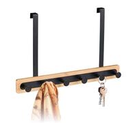 Relaxdays Perchero, 6 Ganchos, Percha Baño para Colgar, para Puertas de 2 cm, Bambú y Metal, Ropa, Negro/Natural, Acero, 26 x 40 x 7,5 cm