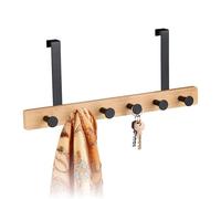 Relaxdays Perchero, 6 Ganchos, Percha Baño para Colgar, para Puertas de 2 cm, Bambú y Metal, Ropa, Negro/Natural, Acero, 17 x 40 x 7,5 cm