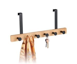 Relaxdays Perchero, 6 Ganchos, Percha Baño para Colgar, para Puertas de 2 cm, Bambú y Metal, Ropa, Negro/Natural, Acero, 17 x 40 x 7,5 cm