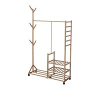Relaxdays Perchero bambú, 4 estantes, barra para ropa, 6 ganchos, 176x100x38 cm, con ruedas, natural