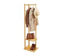 Relaxdays perchero bambú/MDF, de pie, 155 x 38 x 30 cm, 2 baldas, 3 ganchos, barra, natural