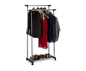 Relaxdays Perchero Burro con Ruedas de Altura Ajustable con Barra y Repisa, Acero Inoxidable, 48 x 150 x 162 cm