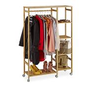 Relaxdays Perchero Burro con Ruedas y 6 Repisas, Bambú, Marrón, 136,5 x 92 x 30 cm