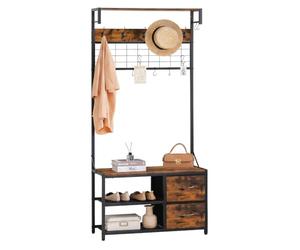 Relaxdays Perchero con Banco, repisa Zapatero y 2 cajones, marrón | metal efecto madera, 176×80×30 cm