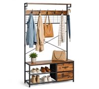 Relaxdays Perchero con Banco Zapatero, 2 cajones y Ganchos, marrón/Negro | para recibidor, industrial, 176x80x30 cm