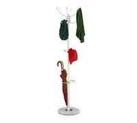 Relaxdays Perchero con Paragüero, 16 Ganchos, 176,5 x 36,5 cm, Base de Mármol, Colgador de Pie para Abrigos, Blanco