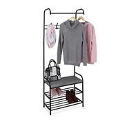 Relaxdays Perchero con Zapatero y Banco, Metal, de Pie, Colgador de Pasillo con 4 Ganchos, 173x64x30 cm, Color Negro, Gomaespuma, 173x60x31 cm