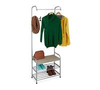 Relaxdays Perchero con Zapatero y Banco, Metal, de Pie, Colgador de Pasillo con 4 Ganchos, 173x64x30 cm, Color Gris, Acero