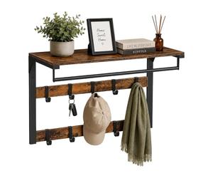 Relaxdays Perchero de Pared 3 en 1, 10 Ganchos, Barra Ropa, marrón/Negro | Repisa sombreros, 42 x 65 x 30 cm