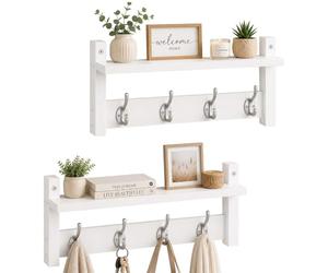 Relaxdays Perchero de Pared, Set de 2, 4 Ganchos Dobles c/u, Blanco | 19,5×40×11 cm, repisa para sombreros