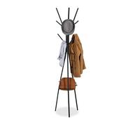 Relaxdays Perchero de Pie, 6 Ganchos, Balda, 182 x 41 x 38 cm, Colgador de Ropa Forma Árbol, Guardarropa, Negro/Marrón