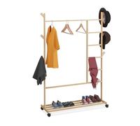 Relaxdays Perchero de Pie con Ruedas, Burro para Ropa, Bambú, con Barra, 6 Perchas y Zapatero, 154x114x33 cm, Natural