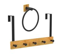 Relaxdays Perchero de Puerta y Anilla para Toalla, Metal, bambú,5 Ganchos, toallero Adhesivo sin taladrar, Negro/Natural