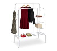 Relaxdays Perchero, Doble Barra con Ruedas y estantes, 154 x 110 x 55 cm, Robusto, Metal, Blanco, Hierro