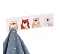 Relaxdays Perchero Infantil, 4 Ganchos, marrón/Gris | perezoso/tigre/oso/koala, MDF, pino, pared, habitación, pasillo