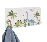 Relaxdays Perchero Infantil, 4 Ganchos, Montaje Pared, diseño Dinosaurio | MDF, madera de pino, incluye herrajes de montaje, habitación infantil, pasillo, perchero con 4 ganchos