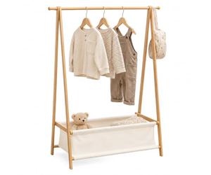 Relaxdays Perchero Infantil, bambú, 106×86×36 cm, Natural/Blanco | Cesta de ropa, barra para colgar la ropa, armario infantil