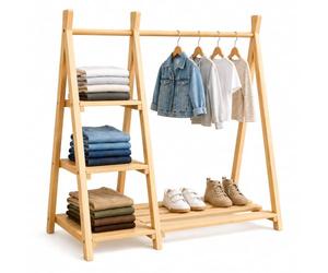 Relaxdays Perchero Infantil de Pino con Barra y Estante, Natural | (Al x An x Fon) 111,5 x 112 x 48 cm, habitación infantil