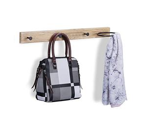 Relaxdays Perchero Pared 3 Ganchos y Aro Bufandas, Colgador Mural MDF y Metal, 13 x 65 x 14,5 cm, Marrón Claro y Negro