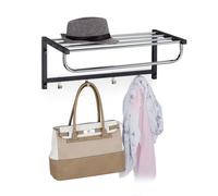 Relaxdays Perchero de Pared con Estante, Toallero 4 Ganchos, Baño, Recibidor, Pasillo, Metal, 25 x 60 x 32,5 cm, Negro