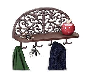 Relaxdays Perchero Pared con Estante, Colgador Llaves, 4 Ganchos Dobles, Hierro Fundido, 1 Ud, 23 x 39 x 11,5 cm, Marrón