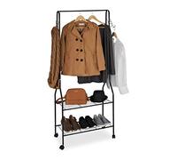 Relaxdays Perchero Ruedas con 2 Estantes, Organizador, Burro Ropa para Bolsos, Zapatos, Metal, 161 x 68 x 33,5 cm, Negro