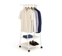 Relaxdays Perchero, ruedas y 2 estantes, HxBxT: 160 x 55 x 42 cm, metal, Vlies, perchero, blanco