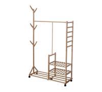 Relaxdays Perchero de bambú con 4 estantes, Barra y 6 Ganchos, Ruedas, 176x100x38 cm, Color Natural