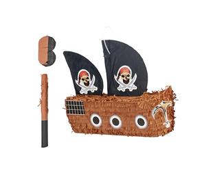 Relaxdays Piñata Barco Pirata con Bate y máscara, para cumpleaños, Rellenar, 35x44x15 cm, Colorida