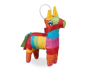Relaxdays Piñata Burro, Juego Fiesta Cumpleaños, para Colgar, Dulces, Niños y Niñas, 38x35x12 cm, Arcoíris, Multicolor
