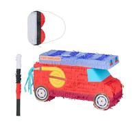 Relaxdays Piñata, Camión de Bomberos, Set de 3 Piezas con Palo y Antifaz, Juego Niños Cumpleaños, Sin Rellenar, Rojo