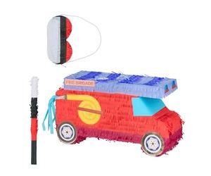 Relaxdays Piñata, Camión de Bomberos, Set de 3 Piezas con Palo y Antifaz, Juego Niños Cumpleaños, Sin Rellenar, Rojo