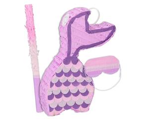 Relaxdays Piñata, Cola de Sirena, Set de 3 Piezas con Palo y Antifaz, Juego Niñas Cumpleaños, Sin Rellenar, Lila y Rosa, Cartón, 37,5 x 20 x 8 cm