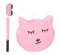 Relaxdays Piñata, Forma de Gato, con Palo y Antifaz, para Niños, Cumpleaños, Set para Rellenar, 34 x 37 x 9,5 cm, Rosa, Papel