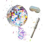 Relaxdays Piñata disco, con palo y máscara, plateada | Para fiestas y cumpleaños, para rellenar, 30 x 8 cm (Ø x fondo)