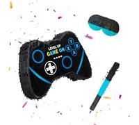 Relaxdays Piñata gamer con palo y antifaz, negro | Piñata infantil para cumpleaños, para rellenar, mando, 28x40x7 cm