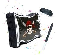 Relaxdays Piñata infantil bandera pirata, con palo y máscara, negra | Para fiestas y cumpleaños, rellenable, 35x40x8 cm