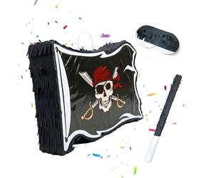 Relaxdays Piñata infantil bandera pirata, con palo y máscara, negra | Para fiestas y cumpleaños, rellenable, 35x40x8 cm