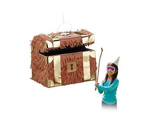 Relaxdays Piñata Infantil Cofre del Tesoro, Papel, Marrón, 27 x 30 x 23 cm