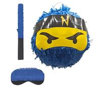 Relaxdays Piñata Ninja con Bate y máscara, Infantil para cumpleaños, para Golpear y Rellenar, Ø 25 cm, Azul