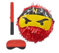 Relaxdays Piñata Ninja Infantil con Bate y máscara, Ø 25 cm, roja para cumpleaños