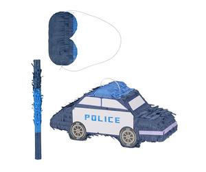 Relaxdays Piñata Policía, con Palo y Antifaz, para Niños, Fiestas Cumpleaños, Set para Rellenar, 22 x 50 x 16 cm, Azul