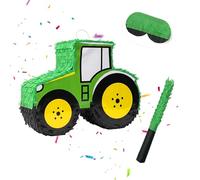 Relaxdays Piñata Set de 3 Piezas, Tractor para Colgar, para niños, niñas y niños, Vara y máscara, piñata de vehículo, Color Verde/Amarillo