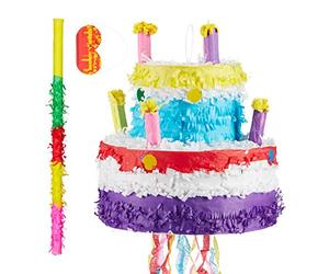 Relaxdays Piñata Tarta de Cumpleaños sin Relleno con Palo y Antifaz, 32 x 30 cm, Papel, Multicolor
