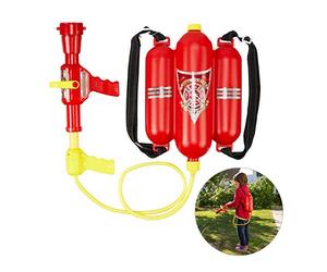 Relaxdays Pistola de Agua Bombero, Mochila con Depósito de 2,5 l, 5 m, Extintor Juguete Niños, ABS, 1 Ud., Rojo-Amarillo