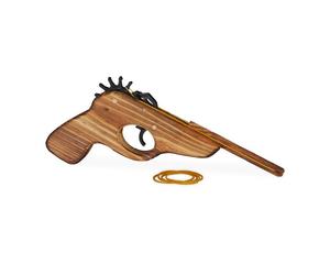Relaxdays Pistola juguete lanza gomas de madera marrón claro,negro