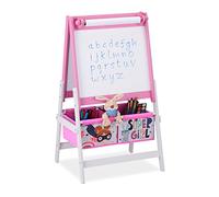 Relaxdays Pizarra Infantil de Pie 2 en 1, Tablero Niños Papel y Cestos, 94 x 52 x 46,5 cm, Encerado Tizas, Rosa y Blanco, Tela no Tejida
