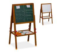 Relaxdays Pizarra Infantil de Tiza y Blanca, Magnética, Tablero de Doble Cara, Altura Regulable, 81-104x45x42 cm, Marrón, Madera