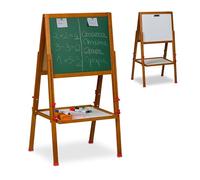 Relaxdays Pizarra Infantil de Tiza y Blanca, Magnética, Tablero Doble Cara, Altura Ajustable, 102-135x55x52 cm, Marrón